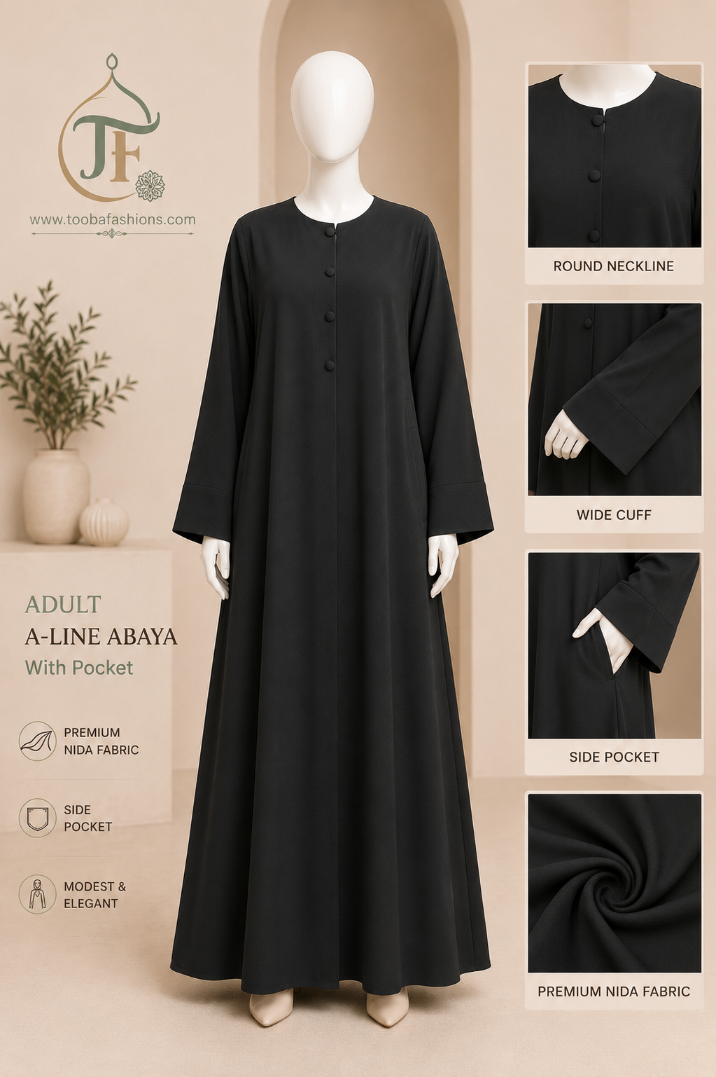 Plain Women Abaya (A-Line with pockets)