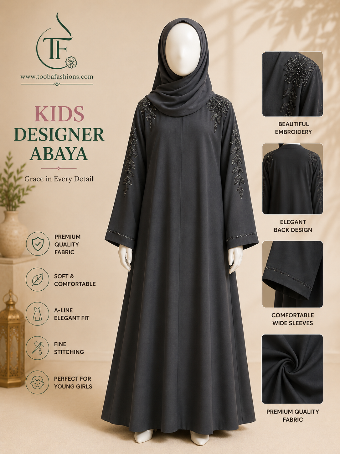 Black Kids Designer A-Line Abaya