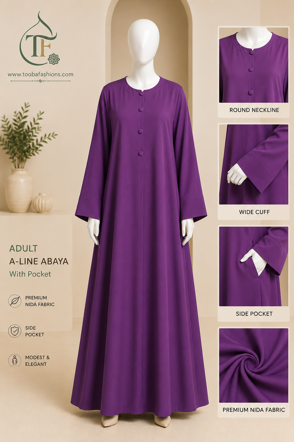 Plain Women Abaya (A-Line with pockets)