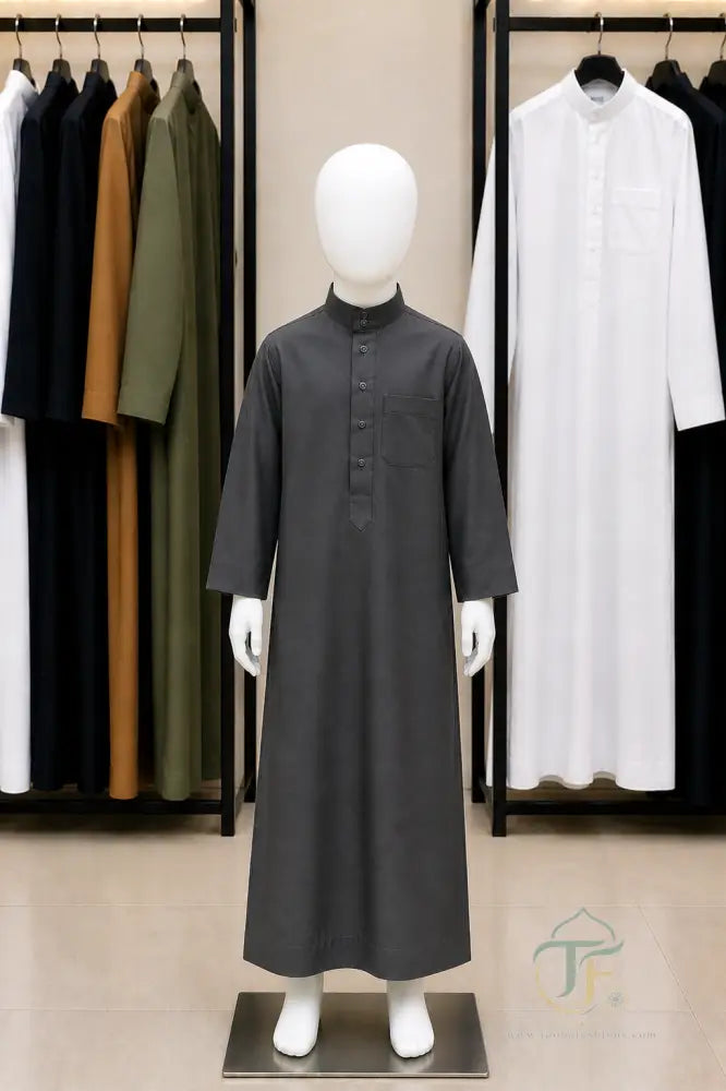 Al Firdous Kids’ Thobe - 18 / Gray / Polyester - Boy’s Clothing